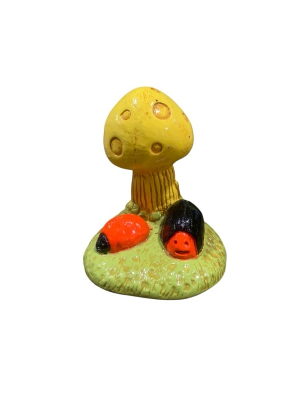 Vntg 70’s Decor kitsch Yellow Green Mushroom Ladybug Figurine